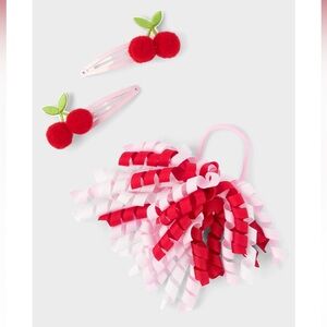 🍒New Gymboree Cherry Hair Clips and Ribbon Hair Tie Set Girls